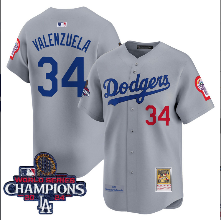 Men MLB Los Angeles Dodgers 34 Valenzuela grey 2024 World Series Champions Patch Cooperstown Jersey